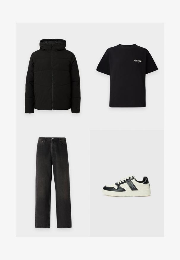 Must esmakad ja kapuutsiga must paks jakk, millel on täispikk lukus, horisontaalne õmblus ja elastsed mansetid, mis tagavad mugava istuvuse.; Must mustrüst t-särk, millel on ümar kaelus, lühikesed varrukad ja väike valge logo tekst vasakul rinnal. Lihtne disain, klassikaline sobivus.; Mustadest denimist püksid sirge jala disainiga, viie taskuga stiilis, messingist nupu ja kangaselgete tekstuurimuutustega.; Nahatud nahkkingad musta ja kreemi värviskeemiga, millel on perforeeritud aktsendid, pehme krae ja tekstureeritud tallad.