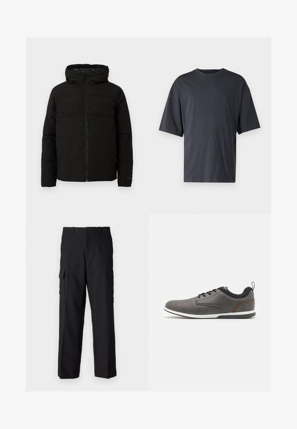 Black padded jacket with a hood, featuring a full front zipper, horizontal stitching, and elastic cuffs for a snug fit.; Dark gray short-sleeve t-shirt made of lightweight cotton, featuring a loose fit and classic crew neckline, with plain texture and no patterns.; Black cargo pants made of sturdy fabric, featuring two large side pockets, straight-leg design, and standard waistband with belt loops.; Gray leather shoes with black accents, featuring a rounded toe, lace-up design, white sole, and a small pull tab at the heel.