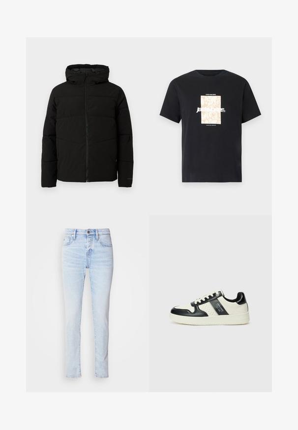 Schwarze gepolsterte Jacke mit Kapuze, ausgestattet mit einem durchgehenden Reißverschluss, horizontalen Nähten und elastischen Bündchen für eine enge Passform.; Schwarzes Baumwoll-T-Shirt mit Rundhalsausschnitt. Hat eine beige rechteckige Grafik und weißen Text "JAWO", zentriert auf der Vorderseite. Kurze Ärmel.; Hellblaue Jeans im Slim-Fit mit Fünf-Taschen-Design und Knopfverschluss. Mit leichtem Waschung und geradem Bein.; Leder-Sneaker in Schwarz- und Cremetönen, mit perforierten Akzenten, einem gepolsterten Kragen und einer strukturierten Laufsohle.