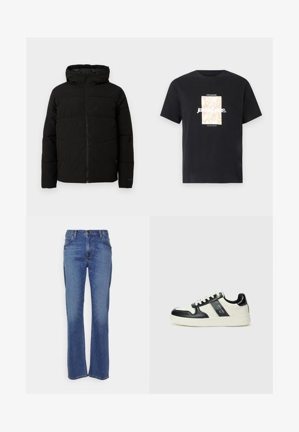 Must esmakad ja kapuutsiga must paks jakk, millel on täispikk lukus, horisontaalne õmblus ja elastsed mansetid, mis tagavad mugava istuvuse.; Mustmust mustäriga T-särk, millel on ümar kaelus. Esipaneelil on beež ristkülikukujuline graafika ja valge tekst "JAWO", mis on keskendatud. Lühikesed varrukad.; Sinised teksad otse jalgadega disainiga, nööbiga kinnitamine, klassikaline viie tasku stiil ja kerged pleekimised põlvede lähedal.; Nahatud nahkkingad musta ja kreemi värviskeemiga, millel on perforeeritud aktsendid, pehme krae ja tekstureeritud tallad.