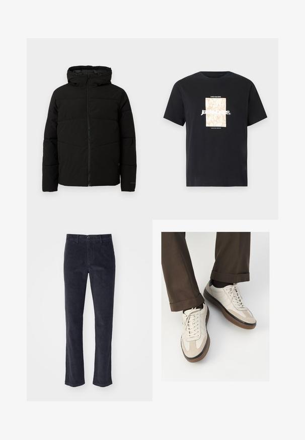 Čierna zateplená bunda s kapucňou, s celoplošným zipsom, horizontálnym prešívaním a elastickými manžetami pre tesné priliehanie.; Čierne bavlnené tričko s okrúhlym výstrihom. Na prednej strane sa nachádza béžová obdĺžniková grafika s bielym textom "JAWO," ktorý je umiestnený na stred. Krátke rukávy.; Tmavošedé kordové nohavice so strihom v rovnom strihu, s predným zapínaním na gombík a bočnými vreckami. Mäkká textúra s vertikálnymi pruhmi.; Béžové tenisky s textúrovanou zamšovou prednou časťou, hladkými koženými bočnými stranami a hnusou gumovou podrážkou. Obsahujú šnúrky a svetlé stehy ako detail.