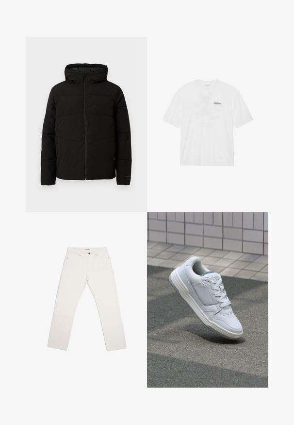 Črno podloženo jakno s kapuco, ki ima popoln sprednji zadrgo, vodoravne šive in elastične manšete za tesno prileganje.; Bela bomba majica s kratkimi rokavi, ki ima spredaj napis "Poleti v mir" v črni in zeleni barvi.; Beli bombažne hlače s ravnim krojem, dvema sprednjima žepoma in dodatnima utilitarno zasnovanima žepoma. Imajo klasičen dizajn s petimi žepi in minimalno kovinsko opremo.; Bela usnjena superga s perforiranimi stranicami, teksturiranimi detajli, ravnimi vezalkami in kontrastno sivo peto. Ima rahlo dvignjen podplat.