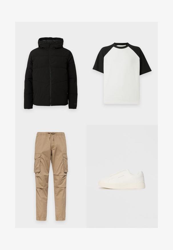 Svart polstret jakke med hette, med full front glidelås, horisontale sømmer og elastiske mansjetter for en tettsittende passform.; Svart og hvit kortermet t-skjorte med ribbet tekstur; har raglanermer og rund hals.; Beige cargo bukser laget av bomull, med elastisk midje og snor, sidelommer og innsvingte ben med avsluttede hems.; Hvite slip-on joggesko med teksturert overflate, tykk såle og minimalistisk design. Har merkevarelogo på siden.