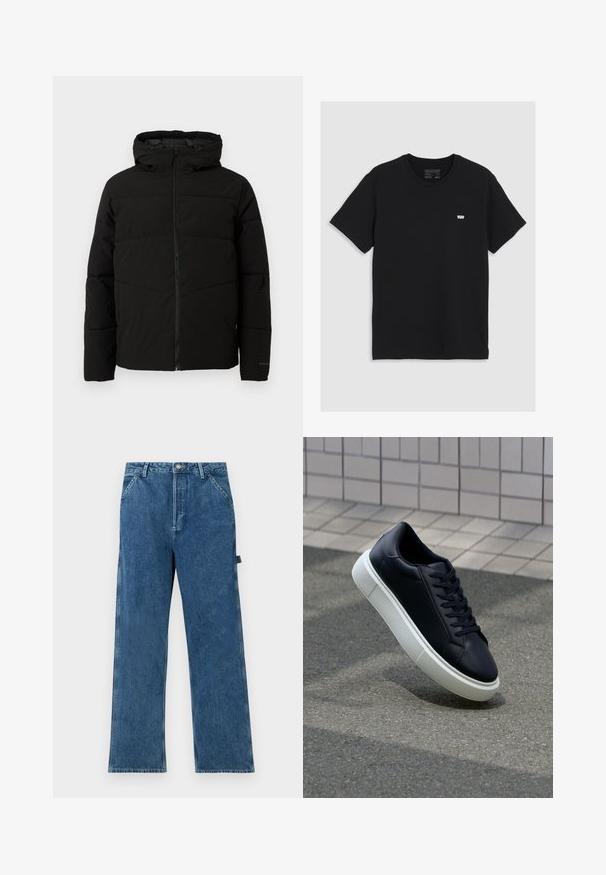 Černá vycpaná bunda s kapucí, má plný přední zip, horizontální švy a elastické manžety pro pohodlné nošení.; Černé bavlněné tričko s krátkým rukávem, kulatým výstřihem, malým bílým logem Levi's na hrudi, hladká textura, klasický střih.; Modré džínové kalhoty s rovný střih, vysokým pasem, pěti kapsami a mírným blednutím na látce.; Černé kožené tenisky s kulatou špičkou a bílou gumovou podrážkou. mají ploché tkaničky a minimální šití na svršku. Texturovaná podrážka pro lepší přilnavost.