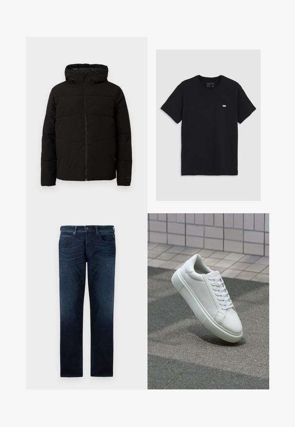 Black padded jacket with a hood, featuring a full front zipper, horizontal stitching, and elastic cuffs for a snug fit.; Black cotton t-shirt with short sleeves, round neckline, features a small white Levi's logo on the chest, smooth texture, classic fit.; Dark blue denim jeans with a straight leg design, five-pocket style, and a visible button closure at the waist. Smooth texture.; White leather sneaker with a smooth surface, round toe, and flat white laces. Features a textured rubber sole and minimal design elements.