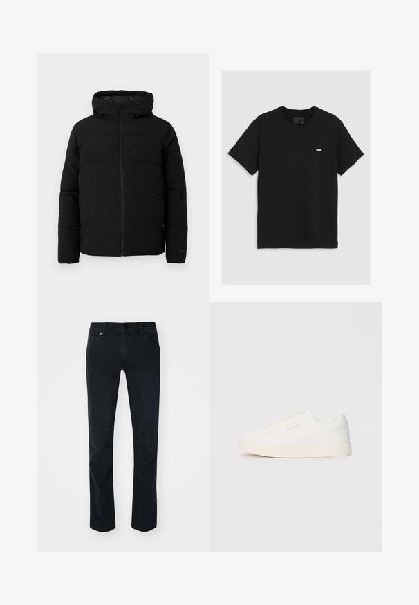 Chaqueta acolchada negra con capucha, que cuenta con un cierre frontal completo, costuras horizontales y puños elásticos para un ajuste ceñido.; Camiseta de algodón negra de manga corta, con cuello redondo, presenta un pequeño logo blanco de Levi's en el pecho, textura suave, corte clásico.; Vaqueros de mezclilla negra con corte recto, cinco bolsillos, cierre de botón y costuras en contraste. Textura suave con un ligero estiramiento.; Zapatillas blancas tipo slip-on con una superficie texturizada, suela gruesa y diseño minimalista. Presenta el logo de la marca en un lado.