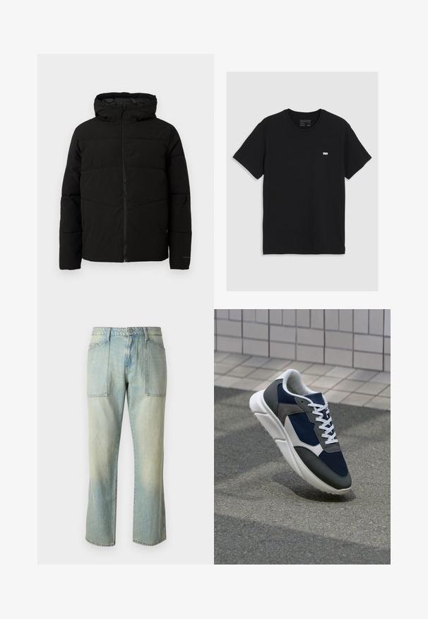 Svart polstret jakke med hette, med full front glidelås, horisontale sømmer og elastiske mansjetter for en tettsittende passform.; Svart bomulls t-skjorte med korte ermer, rund halslinning, har en liten hvit Levi's-logo på brystet, glatt tekstur, klassisk passform.; Lyseblå denimjeans med rett benutskjæring, synlige sømmer og to store frontlommer. Stoffet har en falmet tekstur.; Sneakers med en navy blå mesh-overdel, grå sømværk, hvit gummisåle og flate hvite snører, designet for komfort og pusteevne.