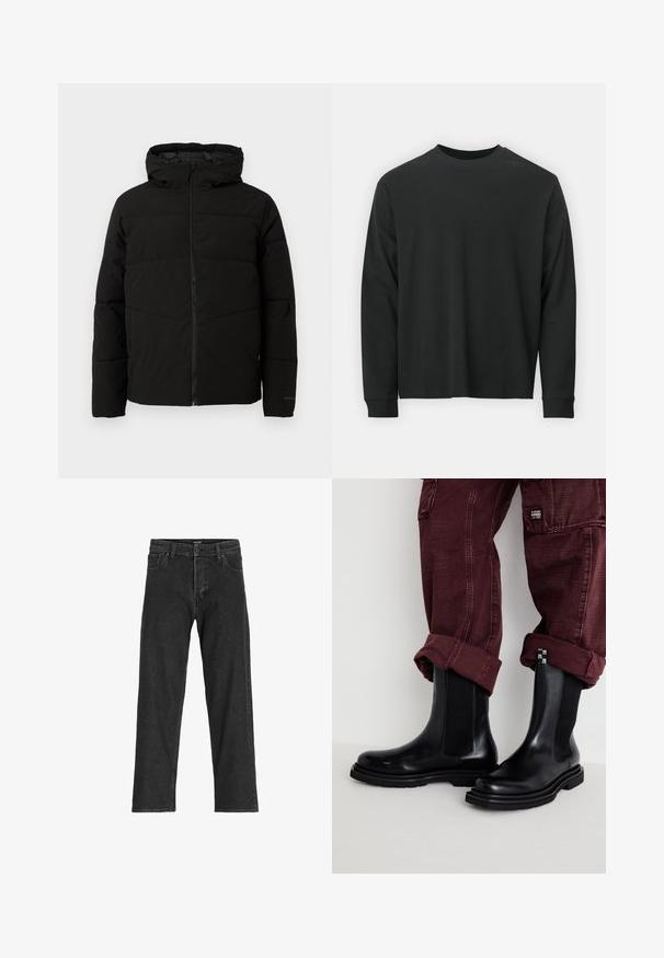 Veste matelassée noire avec capuche, dotée d'une fermeture zippée sur toute la longueur, de surpiqûres horizontales et de poignets élastiques pour un ajustement confortable.; T-shirt noir à manches longues en coton, avec un col rond, une coupe ample et des poignets côtelés. Texture lisse sans motifs visibles.; Jean en denim noir avec une coupe droite, dotée d'une fermeture éclair, de passants de ceinture et de six poches, confectionnée dans un tissu en coton robuste.; Steve Madden HIGHFLYER - Bottes - black