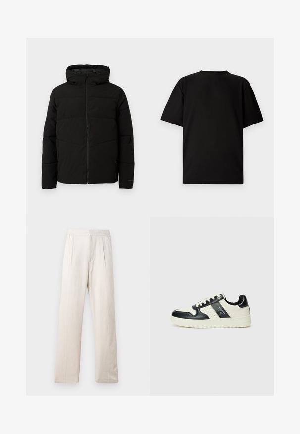 Černá vycpaná bunda s kapucí, má plný přední zip, horizontální švy a elastické manžety pro pohodlné nošení.; Černé tričko s krátkým rukávem vyrobené z žebrované tkaniny. Má kulatý výstřih a volný střih s hladkým povrchem. Pohled zádní strany.; Světle béžové kalhoty s širokými nohavicemi vyrobené z texturované tkaniny, s elastickým pasem a dvěma předními záhyby pro zvýraznění detailů.; Kožené tenisky s černobílou barevnou kombinací, které mají perforované detaily, polstrovaný límec a texturovanou podrážku.