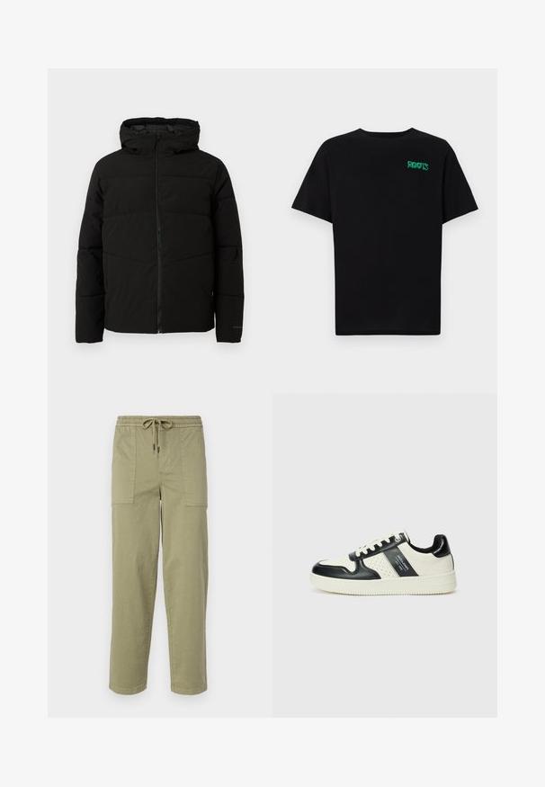 Svart polstret jakke med hette, med full front glidelås, horisontale sømmer og elastiske mansjetter for en tettsittende passform.; svart t-skjorte laget av bomull med korte ermer. Har et grønt "ROOTS"-logo på forsiden, rund halsutringning og standard passform.; Lys olivengrønne bukser laget av bomullsblandingsstoff, med elastisk midje og snor, samt to store sidelommer.; Lædersneakers med sort og creme farveskema, der har perforerede detaljer, en polstret krave og en struktureret ydersål.