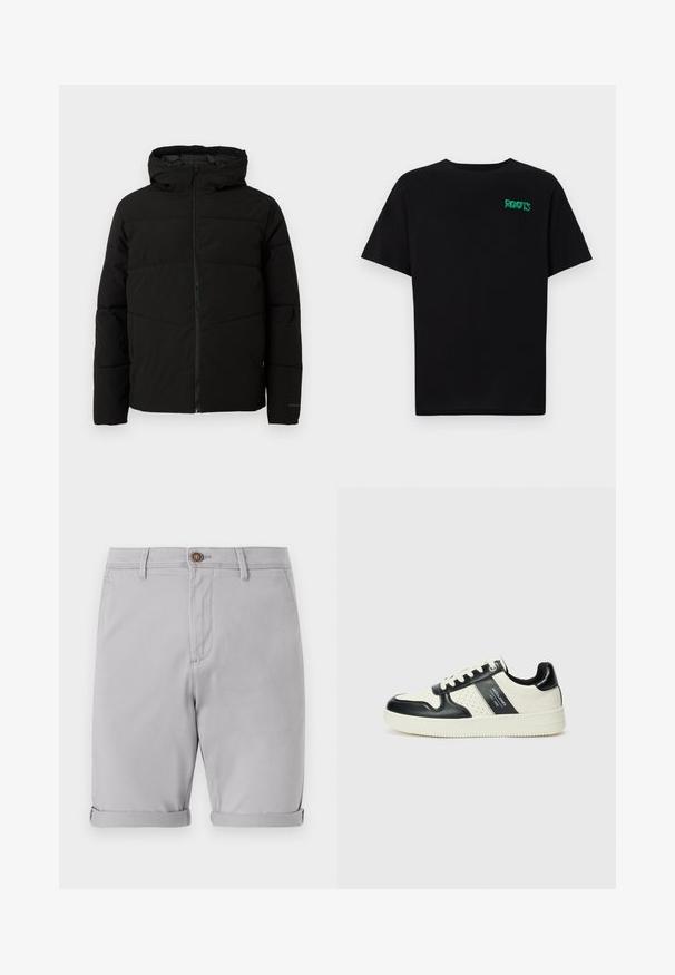 Chaqueta acolchada negra con capucha, que cuenta con un cierre frontal completo, costuras horizontales y puños elásticos para un ajuste ceñido.; Camiseta negra de algodón con mangas cortas. Presenta un logo verde "ROOTS" en el frente, escote redondo y corte estándar.; Pantalones cortos de algodón gris claro con puños enrollados, un solo botón de cierre en la parte delantera y bolsillos laterales, con una textura suave y un diseño ajustado.; Zapatillas de cuero con un esquema de colores negro y crema, que cuentan con acentos perforados, un collar acolchado y una suela texturizada.