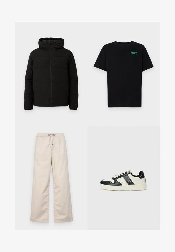 Schwarze gepolsterte Jacke mit Kapuze, ausgestattet mit einem durchgehenden Reißverschluss, horizontalen Nähten und elastischen Bündchen für eine enge Passform.; Schwarzes T-Shirt aus Baumwolle mit kurzen Ärmeln. Auf der Vorderseite befindet sich ein grünes "ROOTS"-Logo, es hat einen runden Halsauschnitt und eine normale Passform.; Helle beige weit geschnittene Hose mit einem elastischen Bund und Kordelzug. Glattes Baumwollmaterial mit zwei vorderen Falten und ohne sichtbare Taschen.; Leder-Sneaker in Schwarz- und Cremetönen, mit perforierten Akzenten, einem gepolsterten Kragen und einer strukturierten Laufsohle.