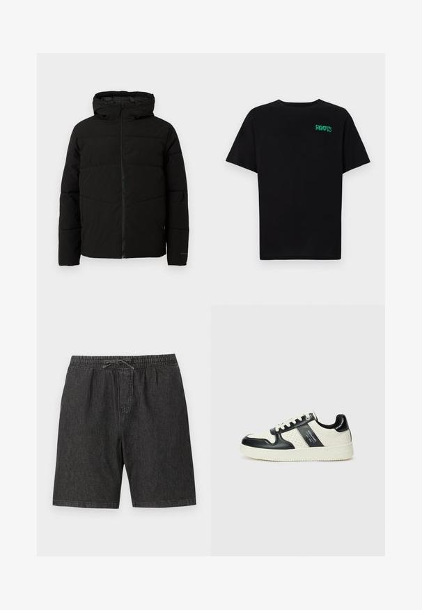 Fekete párnázott kabát kapucnival, teljes elülső cipzárral, vízszintes varrással és elasztikus mandzsettákkal a szoros illeszkedés érdekében.; Fekete, pamutból készült póló rövid ujjakkal. Elöl zöld "ROOTS" logóval, kerek nyakkivágással és normál szabással.; Fekete farmer sort elasztikus derékkal és állítható húzózsinórral. Oldalsó zsebekkel és laza, kényelmes fazonnal rendelkezik.; Fekete és krém színű bőrsneaker, perforált díszítésekkel, párnázott bokapánttal és texturált talppal.