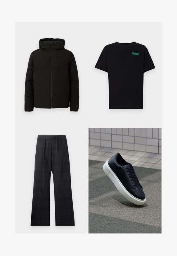 Schwarze gepolsterte Jacke mit Kapuze, ausgestattet mit einem durchgehenden Reißverschluss, horizontalen Nähten und elastischen Bündchen für eine enge Passform.; Schwarzes T-Shirt aus Baumwolle mit kurzen Ärmeln. Auf der Vorderseite befindet sich ein grünes "ROOTS"-Logo, es hat einen runden Halsauschnitt und eine normale Passform.; Schwarz-kariierte Hose mit elastischem Bund, weit geschnittenem Design, strukturiertem Stoff und dezentem Karomuster über die gesamte Fläche.; Schwarze Leder-Sneaker mit runder Zehenpartie und weißer Gummisohle. Verfügt über flache Schnürsenkel und minimale Nähte im Obermaterial. Strukturiertes Sohlenprofil für besseren Halt.