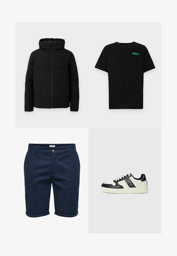 Svart vadderad jacka med huva, som har en hel dragkedja fram, horisontella sömmar och elastiska ärmslut för en snug passform.; Svart t-shirt i bomull med korta ärmar. Har en grön "ROOTS" logotyp på framsidan, rund halsringning och standard passform.; Marinblå shorts i texturerat tyg med knappförslutning, uppvikt fåll och sidofickor, med ett subtilt mönster.; Läder sneakers med en svart och krämfärgad färgsättning, med perforerade detaljer, en vadderad krage och en strukturerad yttersula.