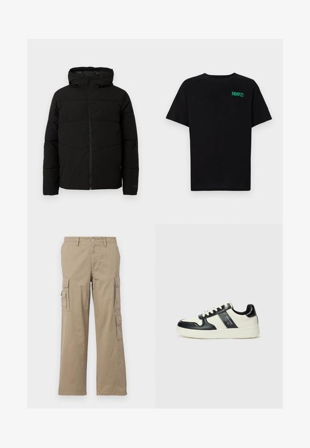 Schwarze gepolsterte Jacke mit Kapuze, ausgestattet mit einem durchgehenden Reißverschluss, horizontalen Nähten und elastischen Bündchen für eine enge Passform.; Schwarzes T-Shirt aus Baumwolle mit kurzen Ärmeln. Auf der Vorderseite befindet sich ein grünes "ROOTS"-Logo, es hat einen runden Halsauschnitt und eine normale Passform.; Beige Cargo-Hosen aus Baumwolle, mit mehreren Seitentaschen, geradem Bein Design und Knopfverschluss. Glatte Textur mit Nähdetails.; Leder-Sneaker in Schwarz- und Cremetönen, mit perforierten Akzenten, einem gepolsterten Kragen und einer strukturierten Laufsohle.