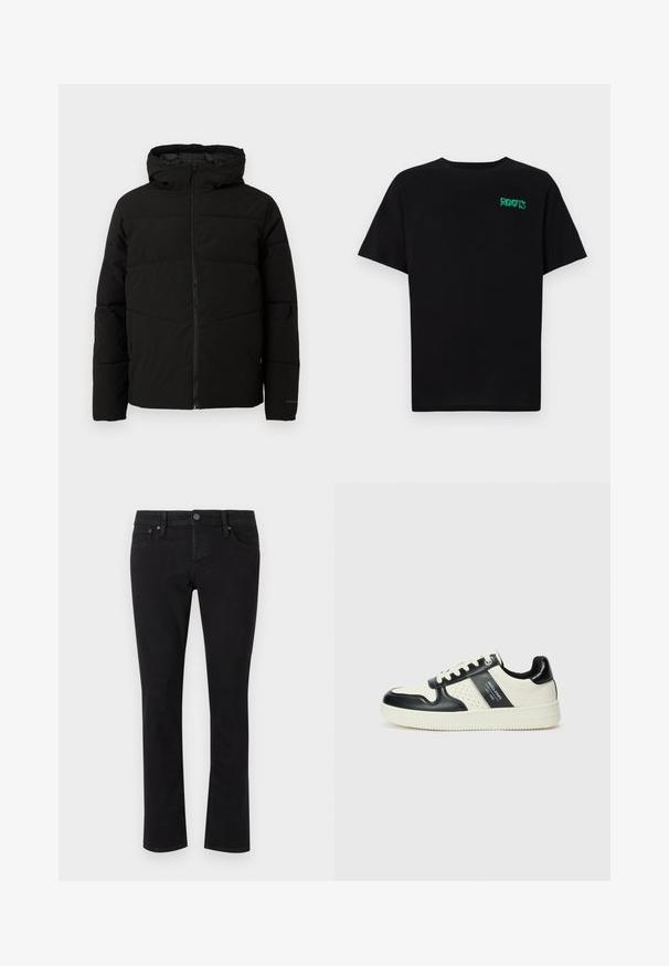 Mustat vuorattuja takki, jossa on huppu, täysi etuvetoketju, vaakasuorat saumat ja joustavat hihansuut tiiviiseen istuvuuteen.; Mustat t-paidat, jotka on valmistettu puuvillasta ja joissa on lyhyet hihat. Edessä vihreä "ROOTS"-logo, pyöreä kaula-aukko ja normaali istuvuus.; Musta farkkuhousut suoran leikkauksen, viiden taskun muotoilun, metallinappisuljennan ja minimaalisten ompeluyksityiskohtien kanssa. Sileä rakenne kauttaaltaan.; Nahkakengät musta-kerma värimaailmassa, joissa on rei'itetyt yksityiskohdat, pehmustettu nilkkaosa ja teksturoitu pohja.