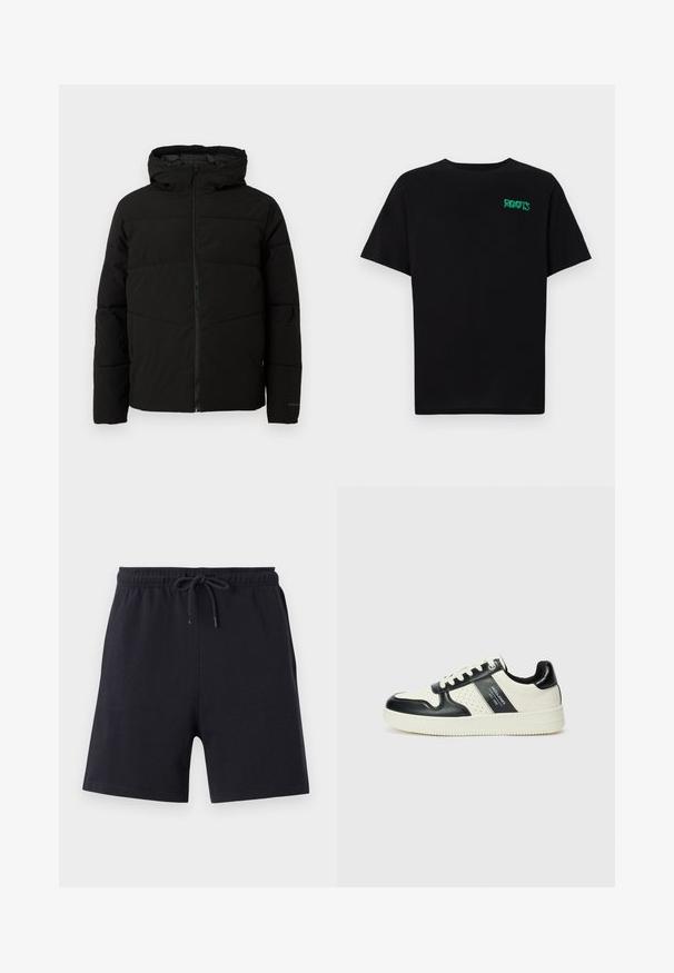 Black padded jacket with a hood, featuring a full front zipper, horizontal stitching, and elastic cuffs for a snug fit.; Black t-shirt made of cotton with short sleeves. Features a green "ROOTS" logo on the front, round neckline, and standard fit.; Black cotton shorts with an elastic waistband and drawstring, featuring a simple design and smooth texture.; Leather sneakers with a black and cream color scheme, featuring perforated accents, a padded collar, and a textured outsole.