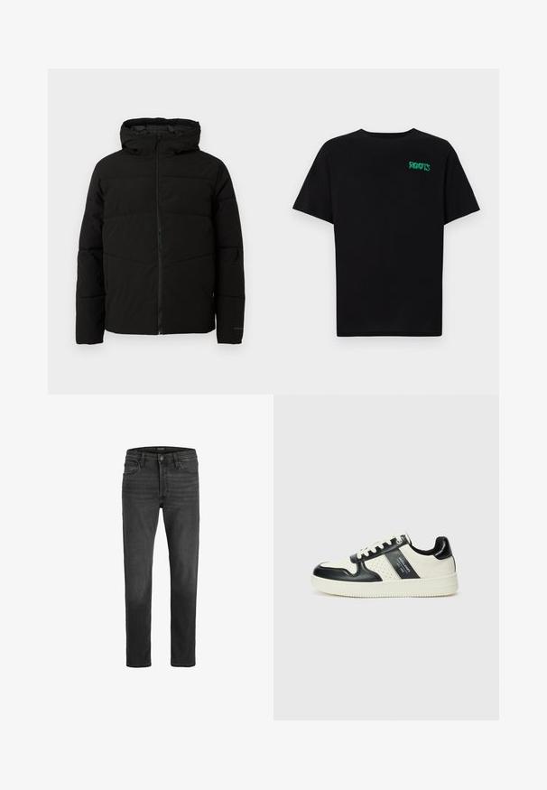 Chaqueta acolchada negra con capucha, que cuenta con un cierre frontal completo, costuras horizontales y puños elásticos para un ajuste ceñido.; Camiseta negra de algodón con mangas cortas. Presenta un logo verde "ROOTS" en el frente, escote redondo y corte estándar.; Jeans de denim negro con un corte recto, diseño de cinco bolsillos y cremallera. Presentan un ligero desteñido y costuras en contraste.; Zapatillas de cuero con un esquema de colores negro y crema, que cuentan con acentos perforados, un collar acolchado y una suela texturizada.