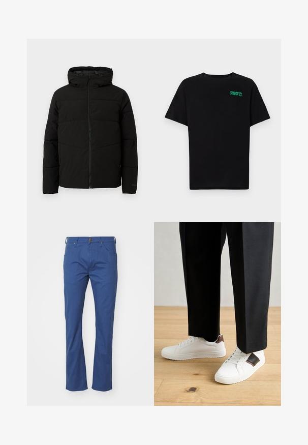 Casaco acolchoado preto com capuz, apresentando um fecho de correr frontal completo, costuras horizontais e punhos elásticos para um ajuste confortável.; T-shirt preta feita de algodão com mangas curtas. Apresenta um logótipo verde "ROOTS" na frente, gola redonda e corte standard.; Calças de algodão azuis com um design de perna reta, apresentando fecho de botão, cinco bolsos e detalhes de costura discretos.; Ténis brancos com textura suave, apresentando elementos em pele castanha e detalhes em preto, combinados com calças pretas ajustadas. Fundo de chão de madeira.