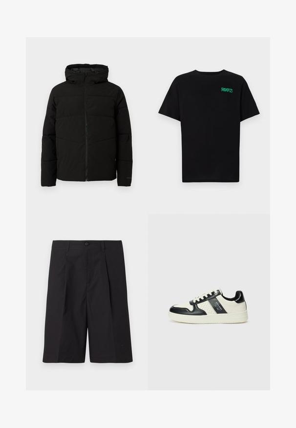 Black padded jacket with a hood, featuring a full front zipper, horizontal stitching, and elastic cuffs for a snug fit.; Black t-shirt made of cotton with short sleeves. Features a green "ROOTS" logo on the front, round neckline, and standard fit.; Black tailored shorts made from lightweight fabric, featuring pleats, a button closure, and straight hem. Smooth texture and no visible patterns.; Leather sneakers with a black and cream color scheme, featuring perforated accents, a padded collar, and a textured outsole.