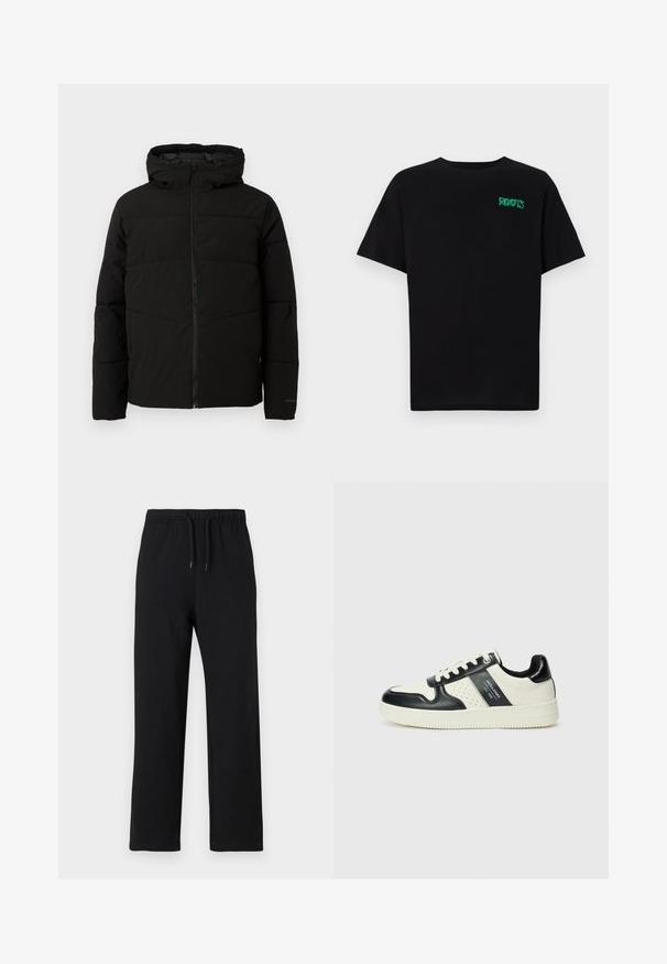 Black padded jacket with a hood, featuring a full front zipper, horizontal stitching, and elastic cuffs for a snug fit.; Black t-shirt made of cotton with short sleeves. Features a green "ROOTS" logo on the front, round neckline, and standard fit.; Jack & Jones JPSTKANE JJCHARGE UNCUFFED - Tracksuit bottoms - black; Leather sneakers with a black and cream color scheme, featuring perforated accents, a padded collar, and a textured outsole.
