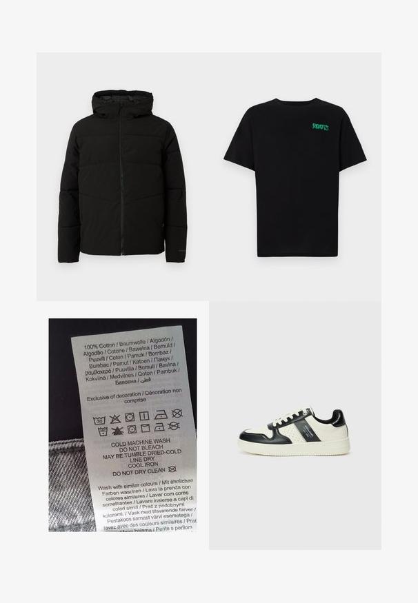 Black padded jacket with a hood, featuring a full front zipper, horizontal stitching, and elastic cuffs for a snug fit.; Black t-shirt made of cotton with short sleeves. Features a green "ROOTS" logo on the front, round neckline, and standard fit.; White care label with black text listing care instructions in multiple languages. Features symbols for washing, drying, and ironing. 100% cotton.; Leather sneakers with a black and cream color scheme, featuring perforated accents, a padded collar, and a textured outsole.