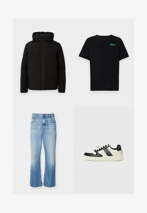 Must esmakad ja kapuutsiga must paks jakk, millel on täispikk lukus, horisontaalne õmblus ja elastsed mansetid, mis tagavad mugava istuvuse.; Must t-särk, mis on valmistatud puuvillast, lühikeste varrukatega. Esipaneelil on roheline "ROOTS" logo, ümmargune kaelus ja tavapärane lõige.; Heledad sinine denimist flared teksad kõrge vöökoht, kulunud viimistlus, viie taskuga ja kontrastõmblustega. Klassikaline nööp ja lukukinnitus.; Nahatud nahkkingad musta ja kreemi värviskeemiga, millel on perforeeritud aktsendid, pehme krae ja tekstureeritud tallad.