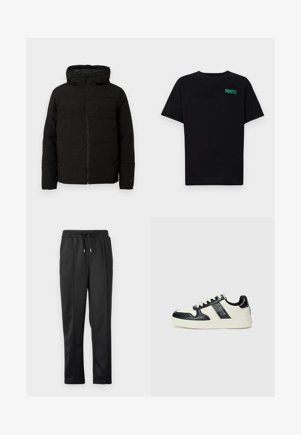 Zwarte gewatteerde jas met capuchon, voorzien van een volledige ritssluiting aan de voorkant, horizontale stiksels en elastische manchetten voor een snug fit.; Zwarte T-shirt van katoen met korte mouwen. Heeft een groen "ROOTS" logo op de voorkant, een ronde halslijn en een standaard pasvorm.; Zwarte joggingbroek met een drawstring tailleband, elastische boorden en een gladde stof met subtiele zijpaneeldetails. Geen zichtbare hardware.; Leren sneakers met een zwart en crèmekleurig kleurenschema, voorzien van geperforeerde accenten, een gevoerde kraag en een gestructureerde buitenzool.