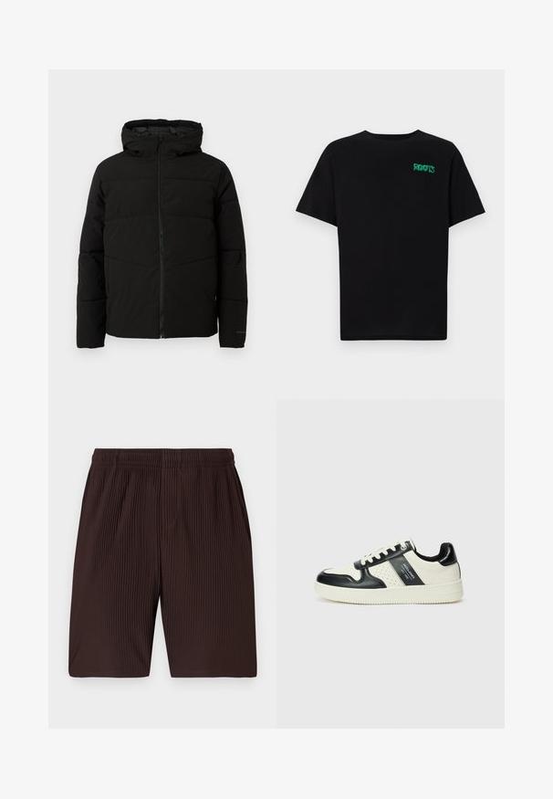 Svart polstret jakke med hette, med full front glidelås, horisontale sømmer og elastiske mansjetter for en tettsittende passform.; svart t-skjorte laget av bomull med korte ermer. Har et grønt "ROOTS"-logo på forsiden, rund halsutringning og standard passform.; Brune, plisserte shorts med elastisk midje og lommer, laget av lett stoff. Bunnlinjen treffer rett over kneet.; Lædersneakers med sort og creme farveskema, der har perforerede detaljer, en polstret krave og en struktureret ydersål.