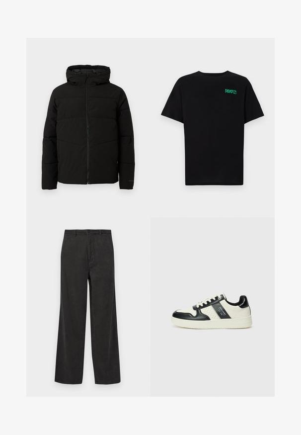 Fekete párnázott kabát kapucnival, teljes elülső cipzárral, vízszintes varrással és elasztikus mandzsettákkal a szoros illeszkedés érdekében.; Fekete, pamutból készült póló rövid ujjakkal. Elöl zöld "ROOTS" logóval, kerek nyakkivágással és normál szabással.; Fekete kordbársony nadrág, széles lábú kialakítással, függőleges bordázott textúrával, cipzáras застежкой gombos zárással, és elülső zsebekkel.; Fekete és krém színű bőrsneaker, perforált díszítésekkel, párnázott bokapánttal és texturált talppal.