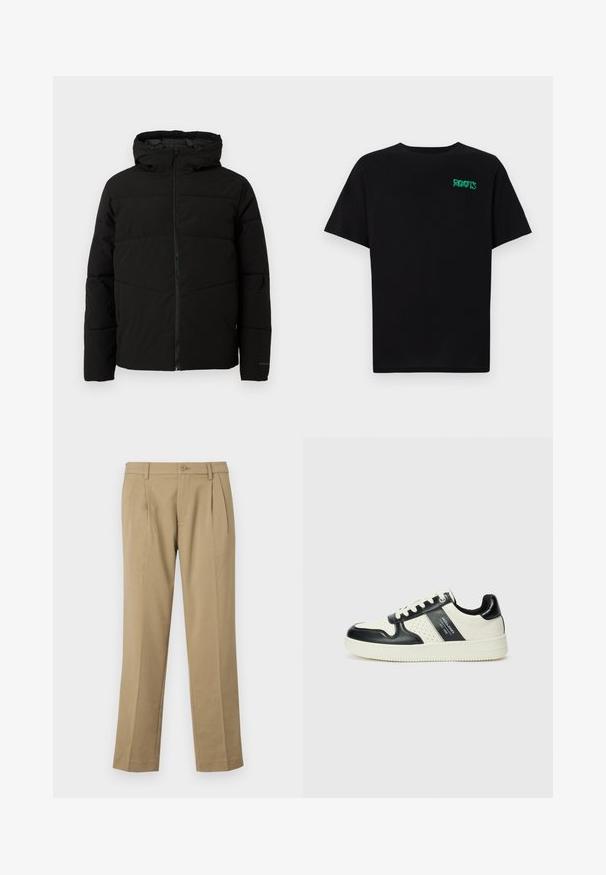 Veste matelassée noire avec capuche, dotée d'une fermeture zippée sur toute la longueur, de surpiqûres horizontales et de poignets élastiques pour un ajustement confortable.; T-shirt noir en coton à manches courtes. Présente un logo "ROOTS" vert sur le devant, un col rond et une coupe standard.; Pantalons beiges en tissu lisse, avec deux plis à l'avant, une fermeture à bouton et des jambes droites avec un ourlet net.; Baskets en cuir avec un schéma de couleurs noir et crème, dotées d'accents perforés, d'un col rembourré et d'une semelle texturée.