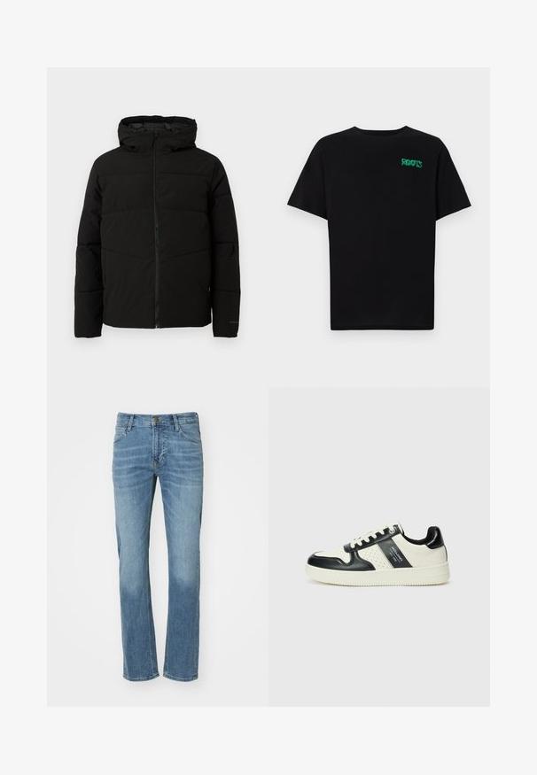 Casaco acolchoado preto com capuz, apresentando um fecho de correr frontal completo, costuras horizontais e punhos elásticos para um ajuste confortável.; T-shirt preta feita de algodão com mangas curtas. Apresenta um logótipo verde "ROOTS" na frente, gola redonda e corte standard.; Jeans de denim azul claro com um design de perna reta, apresentando bolsos frontais, fecho com botão e detalhes de desvanecimento sutis nas coxas.; Ténis de couro com um esquema de cores em preto e creme, apresentando detalhes perfurados, um colarinho acolchoado e uma sola texturizada.