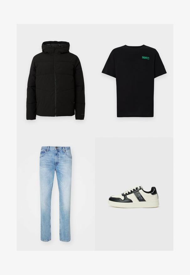 Jachetă neagră căptușită cu glugă, având un fermoar complet pe față, cusături orizontale și manșete elastice pentru o fixare strânsă.; Tricou negru din bumbac, cu mâneci scurte. Prezintă un logo verde "ROOTS" pe față, guler rotund și o potrivire standard.; Jeans de blugi de culoare albastru deschis, cu croi drept, având cinci buzunare, închidere cu un nasture în față și ușoară decolorare pentru textură.; Tenisi din piele cu un scheme de culori negru și crem, dotati cu accente perforate, guler căptușit și o talpă texturată.