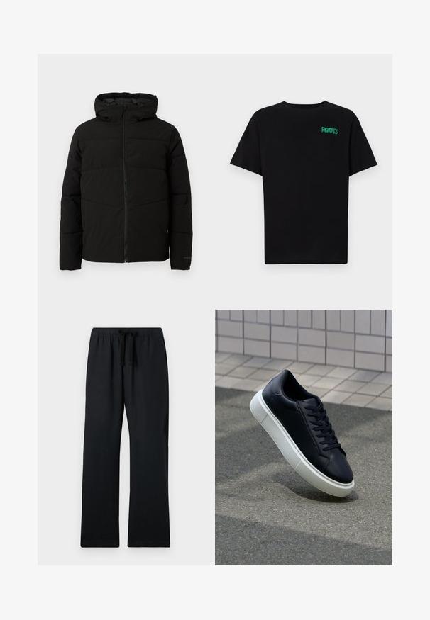 Czarna, pikowana kurtka z kapturem, z pełnym zapięciem na zamek z przodu, poziomym przeszyciem i elastycznymi mankietami dla lepszego dopasowania.; Czarna koszulka z bawełny z krótkim rękawem. Posiada zielone logo "ROOTS" z przodu, okrągły dekolt i standardowy krój.; Czarne, luźne spodnie z elastycznym pasem i regulowanym sznurkiem. Gładki materiał, prosta nogawka i brak wzorów.; Czarne skórzane sneakersy z okrągłym noskiem i białą gumową podeszwą. Posiadają płaskie sznurowadła i minimalne przeszycia na cholewce. Teksturowana podeszwa zapewnia przyczepność.