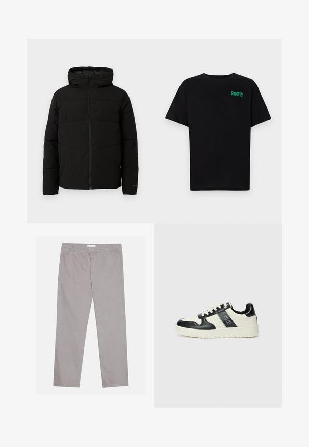 Svart polstret jakke med hette, med full front glidelås, horisontale sømmer og elastiske mansjetter for en tettsittende passform.; svart t-skjorte laget av bomull med korte ermer. Har et grønt "ROOTS"-logo på forsiden, rund halsutringning og standard passform.; Lys grå bomullsbukser med elastisk midje, to sidelommer, rett ben-design og en jevn tekstur. Enkle sømdetaljer.; Lædersneakers med sort og creme farveskema, der har perforerede detaljer, en polstret krave og en struktureret ydersål.