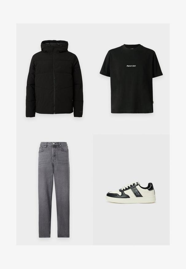 Must esmakad ja kapuutsiga must paks jakk, millel on täispikk lukus, horisontaalne õmblus ja elastsed mansetid, mis tagavad mugava istuvuse.; Must värvi puuvillane T-särk lühikeste varrukatega, millel on rinnal valge tikitud "Original Studio" tekst ja ümar kaelus.; Hallhalli denim teksad sirge sääre disainiga, viie taskuga, metallnupuga kinnitamine ja peene kulumise tekstuuriga.; Nahatud nahkkingad musta ja kreemi värviskeemiga, millel on perforeeritud aktsendid, pehme krae ja tekstureeritud tallad.