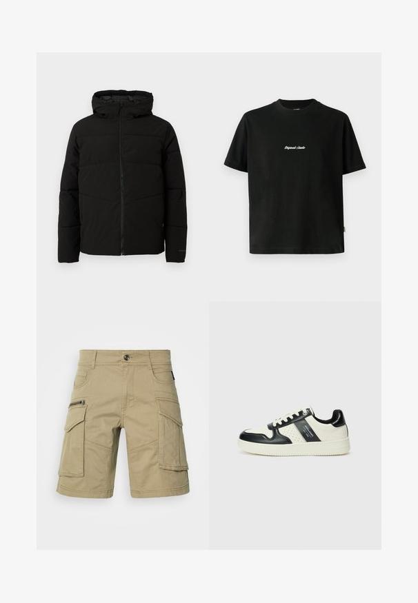 Černá vycpaná bunda s kapucí, má plný přední zip, horizontální švy a elastické manžety pro pohodlné nošení.; Černé bavlněné tričko s krátkým rukávem, s bílým vyšitým textem "Original Studio" přes hruď a kulatým výstřihem.; Béžové cargo šortky vyrobené z odolného materiálu, s několika kapsami, zipovou kapsou na boku a prošíváním. Standardní pas s knoflíkem.; Kožené tenisky s černobílou barevnou kombinací, které mají perforované detaily, polstrovaný límec a texturovanou podrážku.
