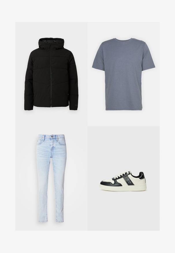 Casaco acolchoado preto com capuz, apresentando um fecho de correr frontal completo, costuras horizontais e punhos elásticos para um ajuste confortável.; T-shirt cinza de manga curta com gola redonda, feita de um tecido suave em mistura de algodão. Design simples, sem padrões ou detalhes.; Jeans de ganga de cor azul clara com um corte slim, design de cinco bolsos e fecho de botão. Apresenta desvanecimento ligeiro e corte reto na perna.; Ténis de couro com um esquema de cores em preto e creme, apresentando detalhes perfurados, um colarinho acolchoado e uma sola texturizada.