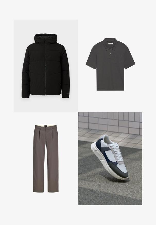Giacca nera imbottita con cappuccio, dotata di zip frontale completa, cuciture orizzontali e polsini elasticizzati per una vestibilità aderente.; Polo grigio scuro con colletto tradizionale, patta con tre bottoni, maniche corte e taschino a sinistra sul petto. Tessuto morbido.; Pantaloni grigi con un design a gamba dritta, dotati di pieghe, pattina con zip e una texture liscia. La fodera interna è color crema.; Sneaker bianca, blu navy e grigia con un design a materiali misti, caratterizzata da una tomaia testurizzata, lacci piatti e una suola imbottita.
