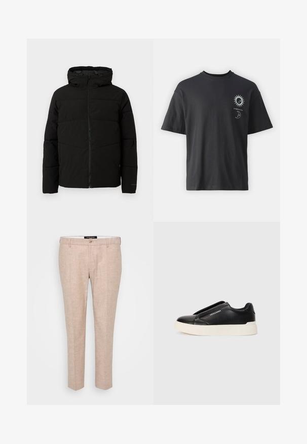 Black padded jacket with a hood, featuring a full front zipper, horizontal stitching, and elastic cuffs for a snug fit.; Black cotton t-shirt with short sleeves, round neck, and front graphics of a sun and moon, accompanied by text "Le Soleil et La Lune."; Light beige trousers made of linen blend fabric, featuring a flat front, belt loops, and a single button closure. Tailored straight-leg design.; Black slip-on sneaker with textured leather upper, white rubber sole, and no visible laces. Features brand logo on the side.