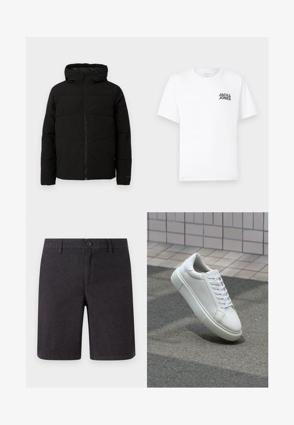 Crna jakna s podlogom i kapuljačom, s punim prednjim patentnim zatvaračem, horizontalnim šavovima i elastičnim manžetama za udoban fit.; Bijela pamučna majica, kratki rukavi, okrugli izrez. Sadrži crni tekstualni logo "JACK & JONES" na lijevoj strani prsnog dijela. Jednostavan, običan dizajn.; Tamno sivi šorts od tkanine, s dugmetom za zatvaranje, petljama za remen i ravnim krojem, s urednim rubovima i bočnim džepovima.; Bijela kožna tenisica s glatkom površinom, okruglim vrhom i ravnim bijelim vezicama. Ima teksturiran gumeni potplat i minimalne dizajnerske elemente.