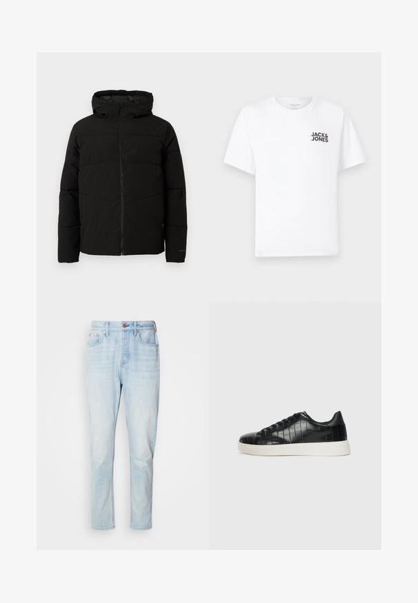 Veste matelassée noire avec capuche, dotée d'une fermeture zippée sur toute la longueur, de surpiqûres horizontales et de poignets élastiques pour un ajustement confortable.; T-shirt en coton blanc, à manches courtes, col rond. Présente un logo en texte noir "JACK & JONES" sur la poitrine gauche. Design simple et sobre.; Jeans en denim bleu clair présentant une coupe droite, un design à cinq poches et une fermeture à bouton à la taille, avec des zones légèrement décolorées.; Baskets noires avec un dessus en cuir gaufré effet crocodile, bout rond et semelle en caoutchouc blanc contrastant avec une finition lisse.