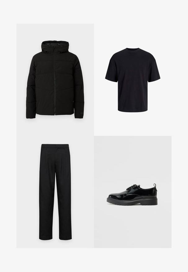 Schwarze gepolsterte Jacke mit Kapuze, ausgestattet mit einem durchgehenden Reißverschluss, horizontalen Nähten und elastischen Bündchen für eine enge Passform.; Schwarzes Baumwoll-T-Shirt mit Rundhalsausschnitt, kurzen Ärmeln und lässiger Passform. Glatte Oberflächenstruktur und keine sichtbaren Muster oder Akzente.; Schwarze Hose aus glattem Stoff, mit geradem Bein Design, zwei vorderen Falten und einem Standardbund mit Gürtelschlaufen.; Schwarzer Lackleder-Schnürschuh mit dicker Gummisohle und Fersenschlaufe, von der Innenseite auf einem weißen Hintergrund gezeigt.