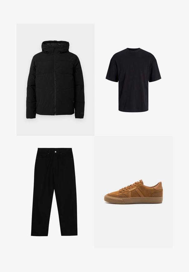 Svart polstret jakke med hette, med full front glidelås, horisontale sømmer og elastiske mansjetter for en tettsittende passform.; Svart bomull t-skjorte med rund hals, korte ermer og en avslappet passform. Glatt tekstur uten synlige mønstre eller detaljer.; Sorte denimbukser med rett benklipp, fem-lomme design og frontknappåpning. Jevn tekstur med minimale sømdetaljer.; Jack & Jones JFWMORDEN  - Joggesko - cognac