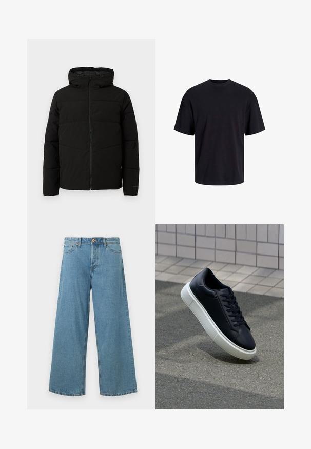 Mustat vuorattuja takki, jossa on huppu, täysi etuvetoketju, vaakasuorat saumat ja joustavat hihansuut tiiviiseen istuvuuteen.; Musta puuvillapaita, jossa on pyöreä kaula-aukko, lyhyet hihat ja rento muotoilu. Yksinkertainen ja sileä pinta, ilman näkyviä kuvioita tai koristeita.; Vaaleansiniset leveälahkeiset farkut, joissa on edessä nappi ja taskut, esillä yksinkertaisen valkoisen taustan edessä.; Mustat nahkakengät, joissa on pyöristetty kärki ja valkoinen kumipohja. Varusteena litteät nauhat ja minimaalinen ommel ylhäällä. Teksturoitu pohja pitävyyden lisäämiseksi.