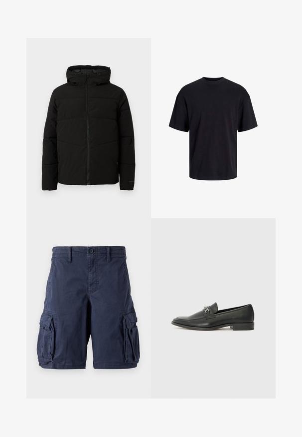 Schwarze gepolsterte Jacke mit Kapuze, ausgestattet mit einem durchgehenden Reißverschluss, horizontalen Nähten und elastischen Bündchen für eine enge Passform.; Schwarzes Baumwoll-T-Shirt mit Rundhalsausschnitt, kurzen Ärmeln und lässiger Passform. Glatte Oberflächenstruktur und keine sichtbaren Muster oder Akzente.; Marineblaue Cargo-Shorts aus Baumwolle. Verfügen über mehrere Seitentaschen, einen Knopfverschluss und eine lässige Passform. Glatte Textur und strapazierfähiges Design.; Schwarzer Lederloafer mit glatter Oberfläche, ausgestattet mit einer gesteppten Gestaltung und einem dekorativen Metallkettendetail über dem Vorderblatt. Flacher Absatz.