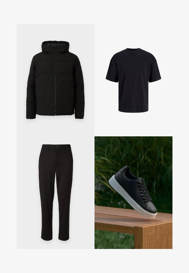 Sort polstret jakke med hætte, der har en fuld frontlynlås, vandret syninger og elastiske manchetter for en tæt pasform.; Sort bomulds t-shirt med rund hals, korte ærmer og en afslappet pasform. Glat tekstur uden synlige mønstre eller accenter.; Sorte bukser lavet af letvægtsstof, med lige ben, frontknaplukning, bæltestropper og sidelommer.; Sort lædersneaker med en glat overflade, hvid gummisål og seks øjer til snørebånd, præsenteret på en træoverflade.