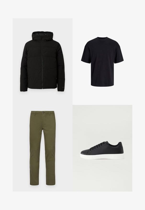 Chaqueta acolchada negra con capucha, que cuenta con un cierre frontal completo, costuras horizontales y puños elásticos para un ajuste ceñido.; Camiseta de algodón negra con cuello redondo, mangas cortas y un ajuste relajado. Textura suave y sin patrones ni acentos visibles.; Chinos de algodón verde olivo con un diseño de pierna recta, que cuentan con un cierre frontal de botón, bolsillos laterales y dobladillos limpios.; Pier One UNISEX - Zapatillas - black