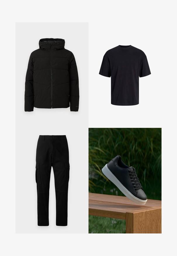 Giacca nera imbottita con cappuccio, dotata di zip frontale completa, cuciture orizzontali e polsini elasticizzati per una vestibilità aderente.; T-shirt in cotone nero con collo rotondo, maniche corte e vestibilità morbida. Texture liscia senza pattern o dettagli visibili.; Pantaloni cargo neri con molteplici tasche laterali, design a gamba dritta e chiusura con bottone, realizzati in resistente materiale di cotone.; Sneaker in pelle nera con una texture liscia, suola in gomma bianca e sei grommet per i lacci, posizionata su una superficie di legno.